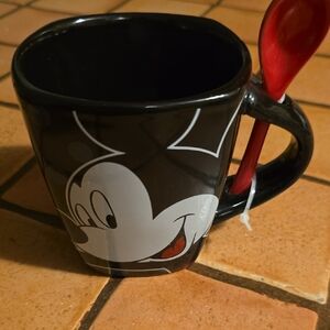Disney Black Mug with Red Spoon - Mickey Mouse Face